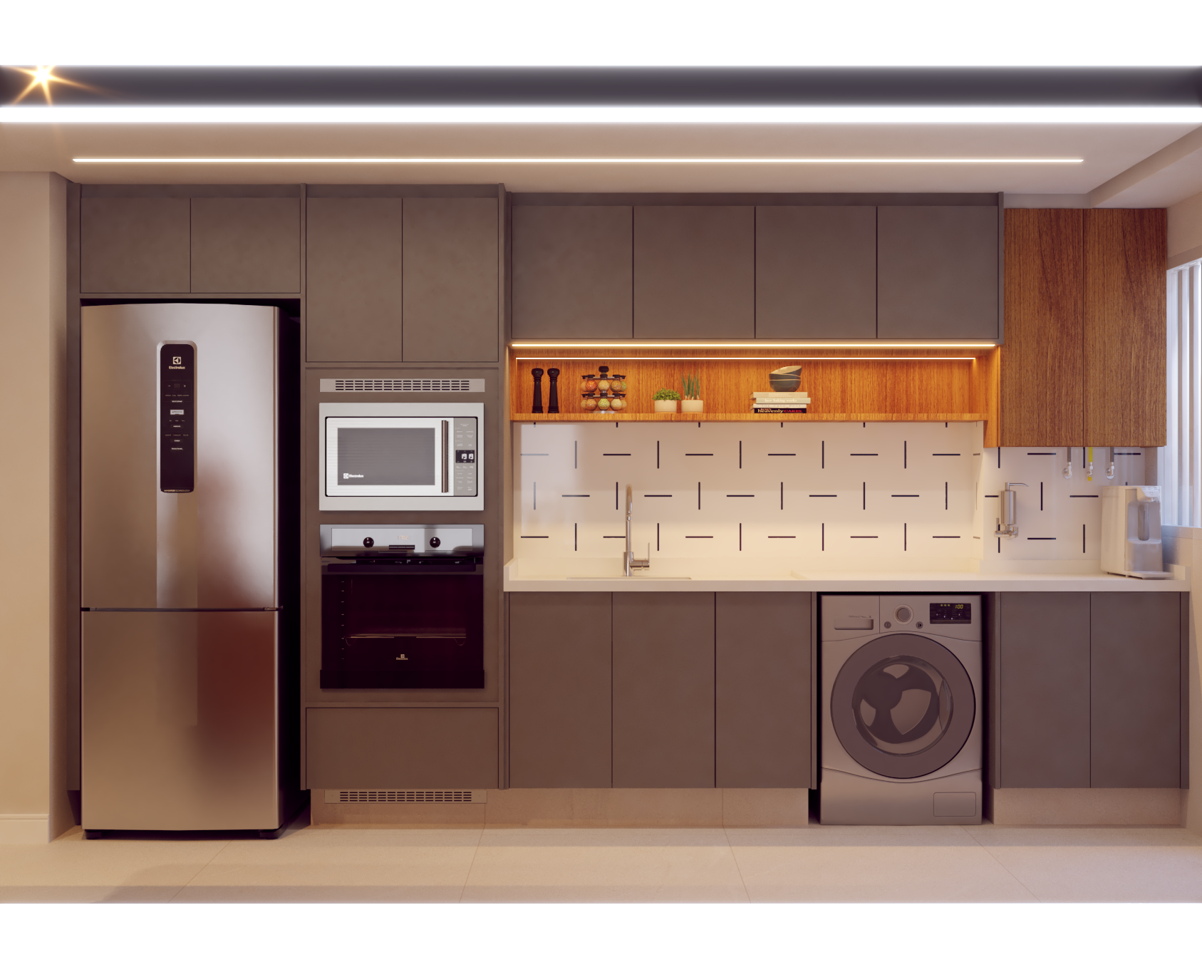 Estudo de layout em 3D de cozinha de apartamento, com armários, geladeira e área de apoio planejados